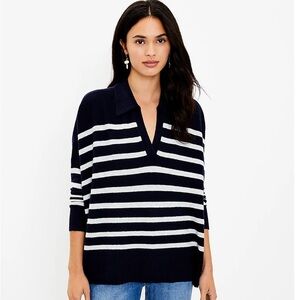 Loft Navy and White Striped Poncho Sweater